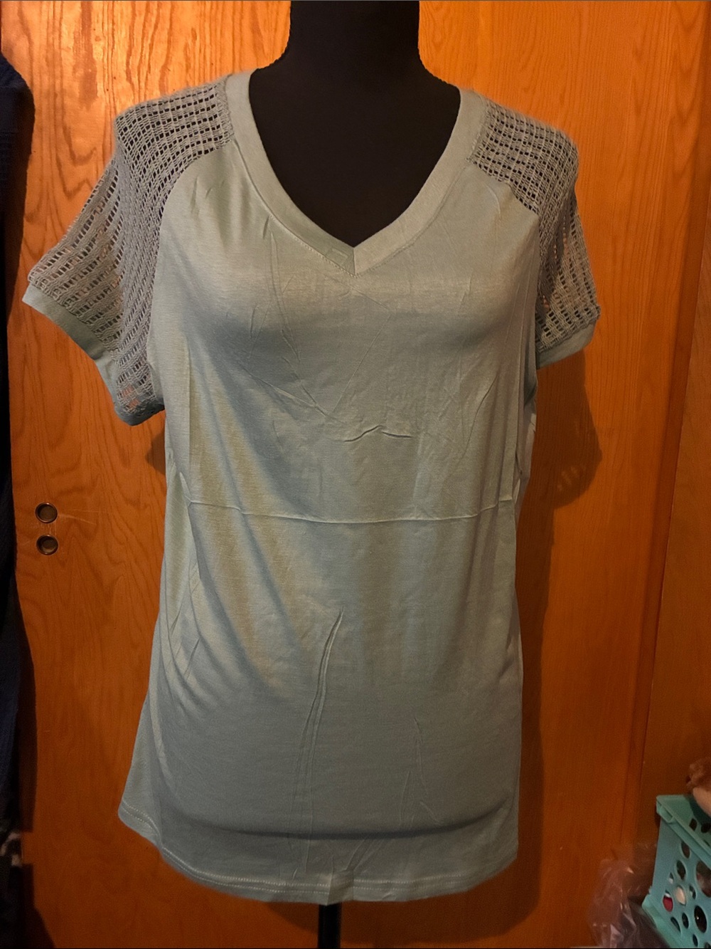 🆕 Light Teal V-Neck Crochet Sleeve Women's Top